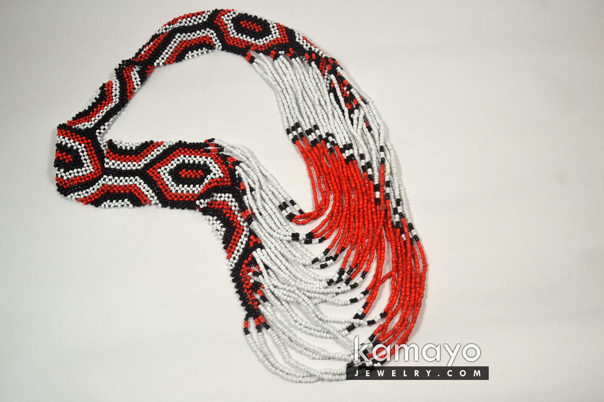 Large White, Black & Red Beaded Necklace