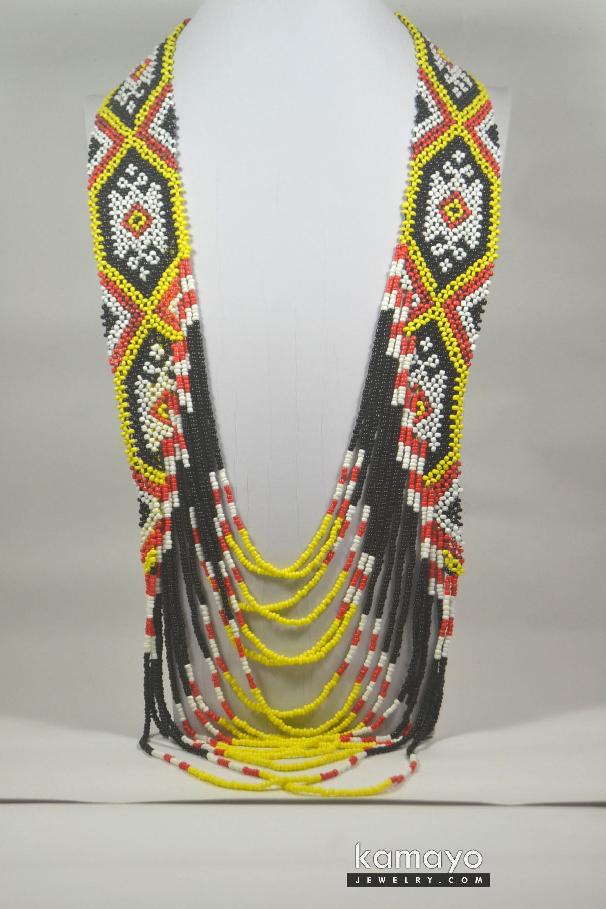 Long Yellow, Black & White Bead Necklace