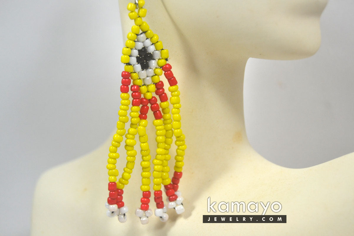 Red, Black, White & Yellow Fringe Earrings