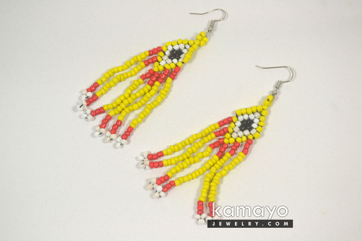 Red, Black, White & Yellow Fringe Earrings