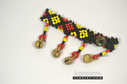 Red, Yellow & Black Bead Anklet with Brass Bells