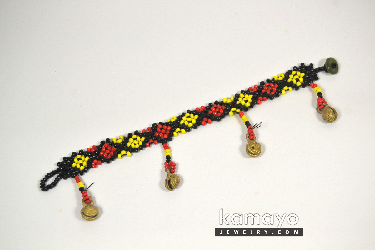 Red, Yellow & Black Bead Anklet with Brass Bells