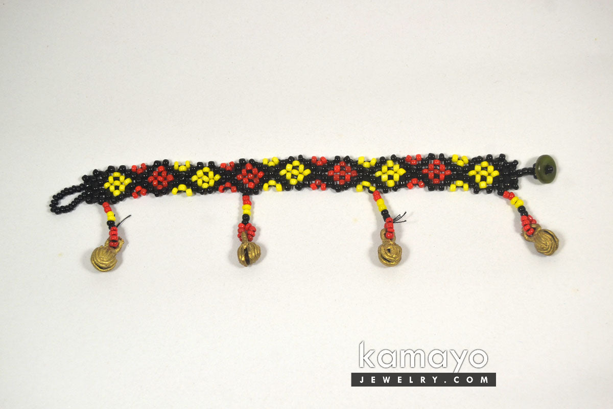 Red, Yellow & Black Bead Anklet with Brass Bells