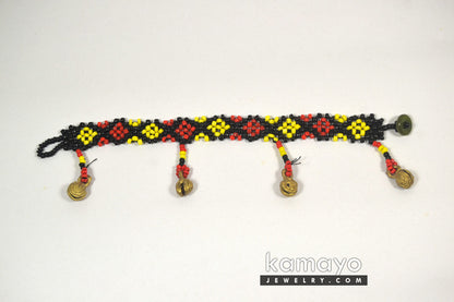 Red, Yellow & Black Bead Anklet with Brass Bells