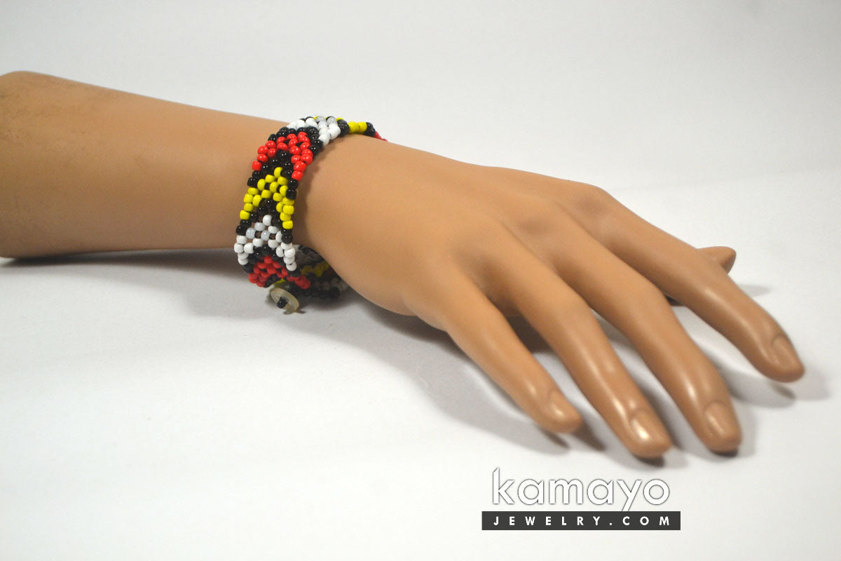 Red, Yellow, Black & White Beaded Bracelet