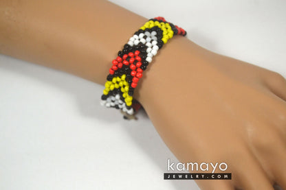 Red, Yellow, Black & White Beaded Bracelet