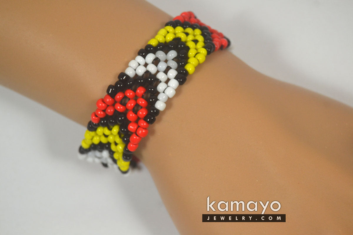 Red, Yellow, Black & White Beaded Bracelet