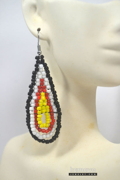 Red, Yellow, White & Black Beaded Drop Earrings