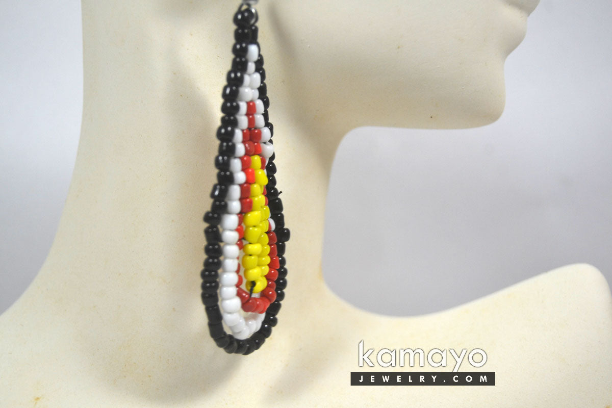 Red, Yellow, White & Black Beaded Drop Earrings