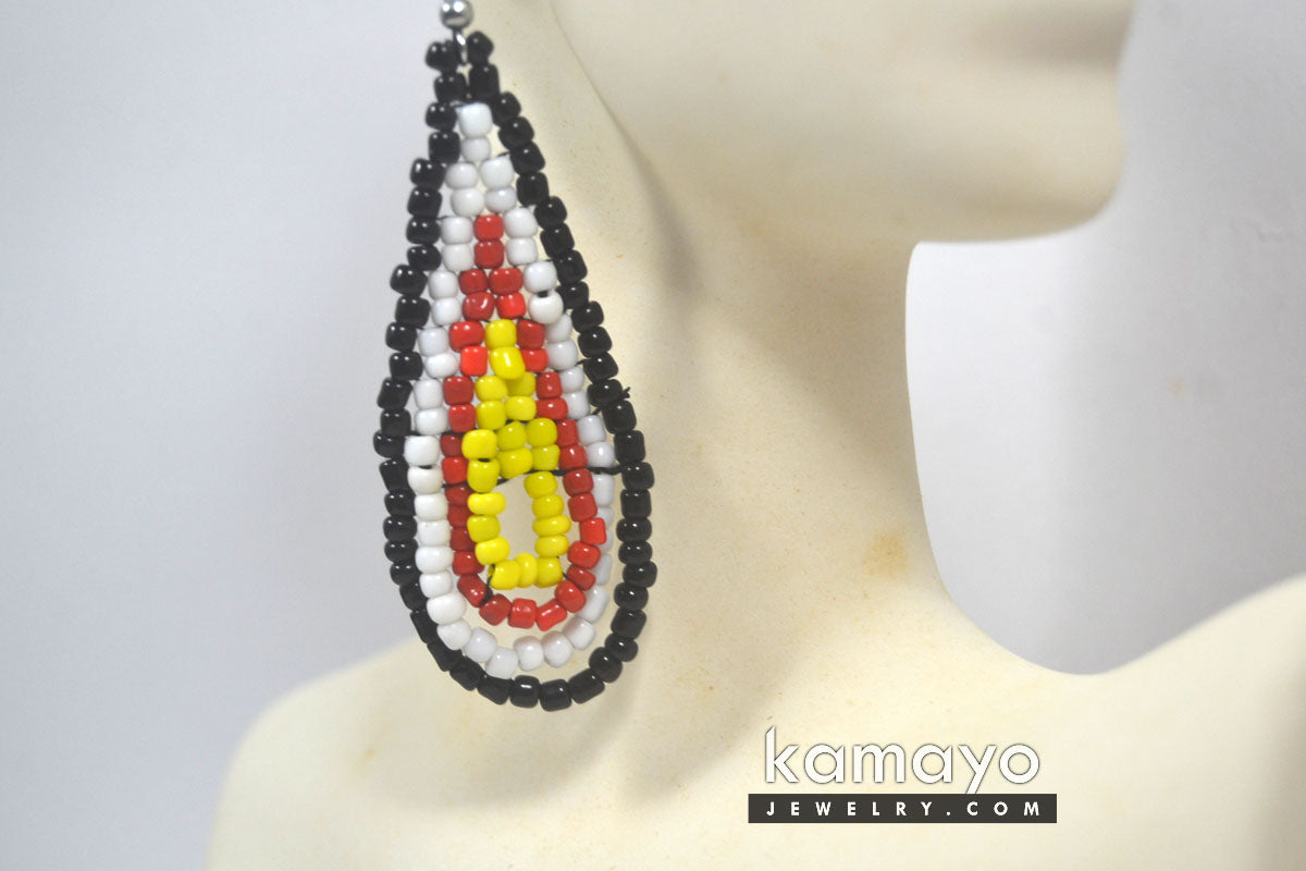 Red, Yellow, White & Black Beaded Drop Earrings