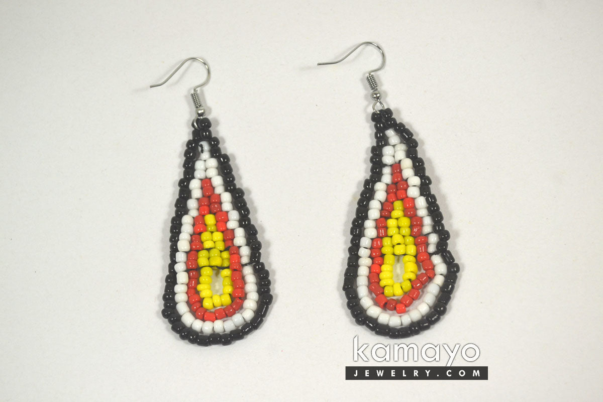 Red, Yellow, White & Black Beaded Drop Earrings