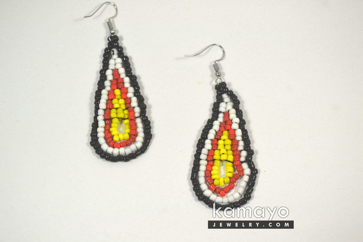 Red, Yellow, White & Black Beaded Drop Earrings