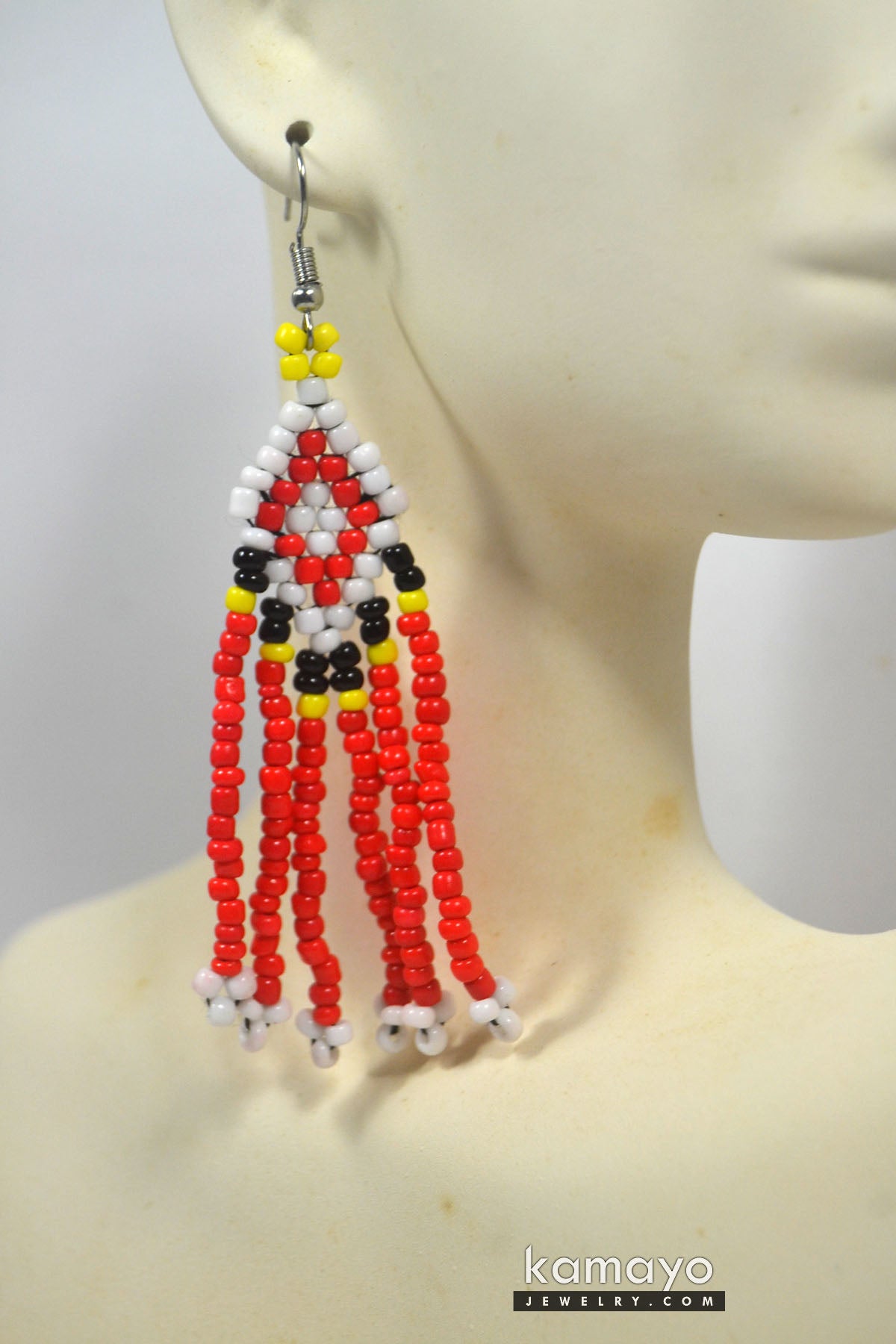 White, Black, Yellow & Red Beaded Earrings