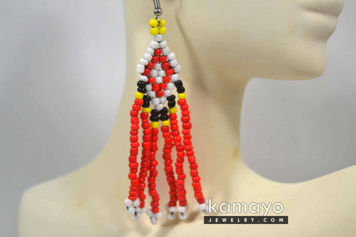 White, Black, Yellow & Red Beaded Earrings