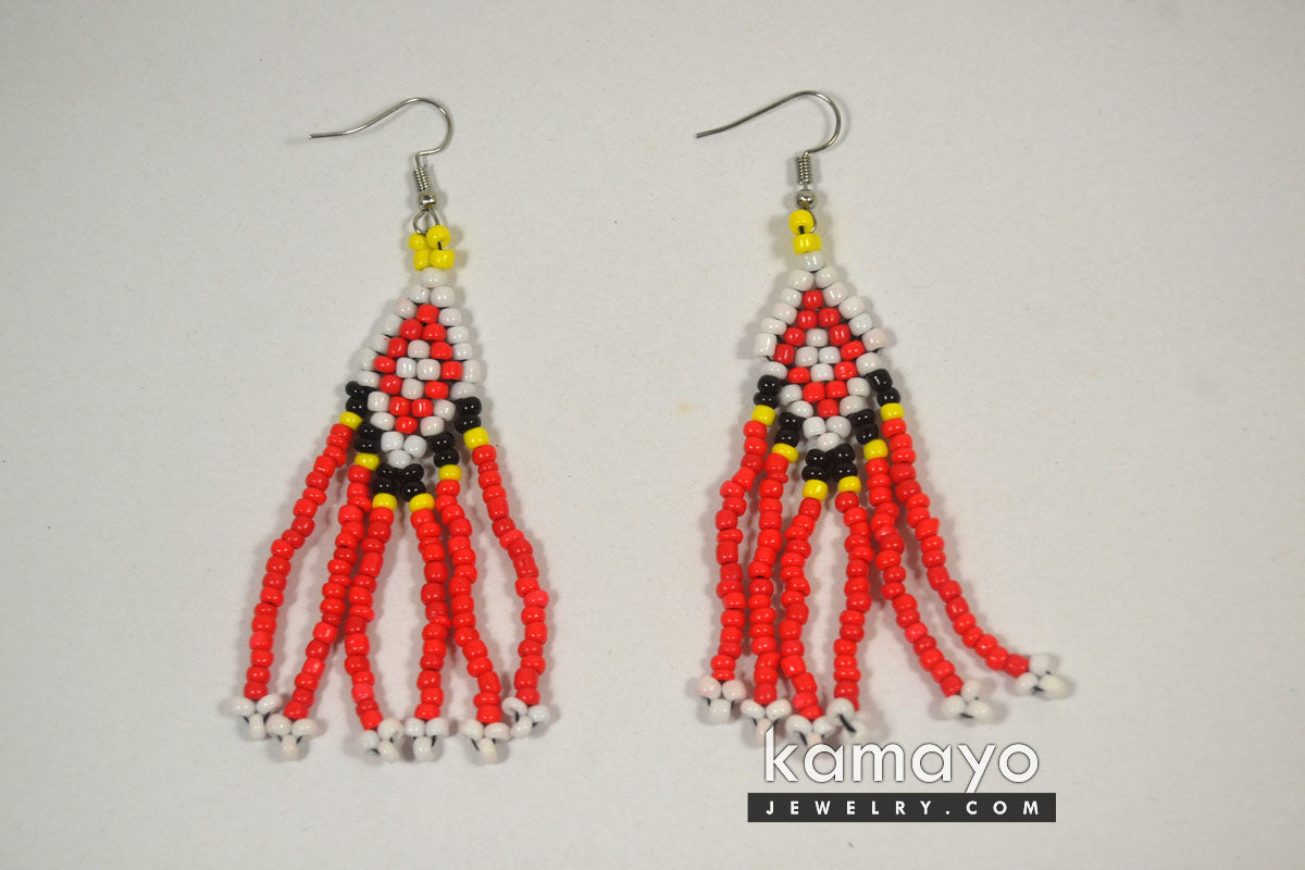 White, Black, Yellow & Red Beaded Earrings