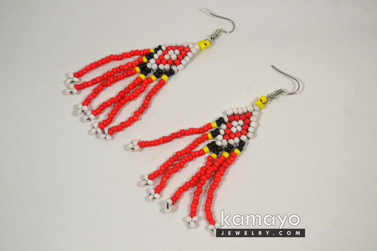 White, Black, Yellow & Red Beaded Earrings