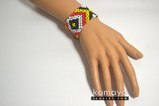 White, Red, Yellow & Black Bead Bracelet