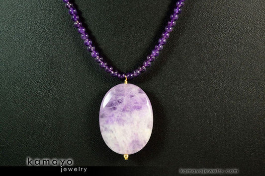 LAVENDER AMETHYST NECKLACE - Large Faceted Oval Pendant and Round Beads