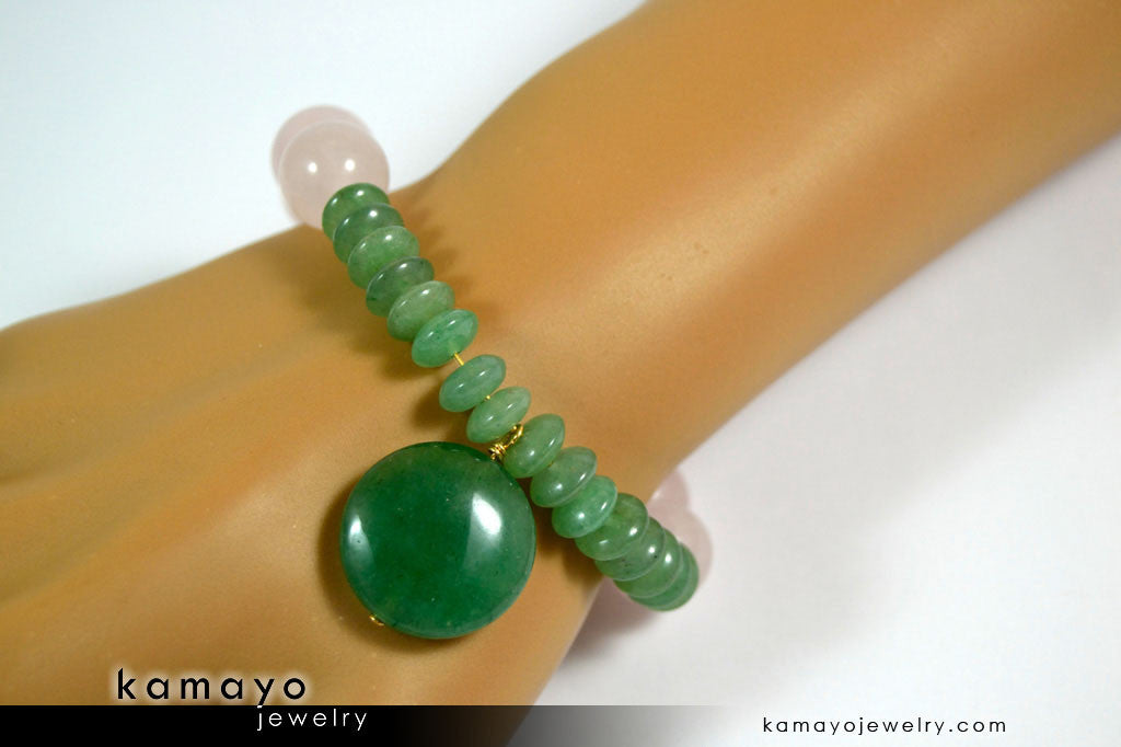 TAURUS BRACELET - Coin Green Aventurine Pendant and Rose Quartz Beads