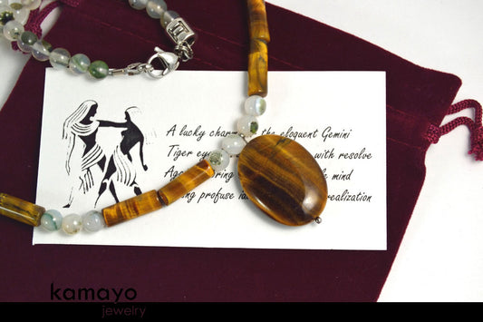 GEMINI NECKLACE - Tiger Eye Pendant and Grey Agate Beads