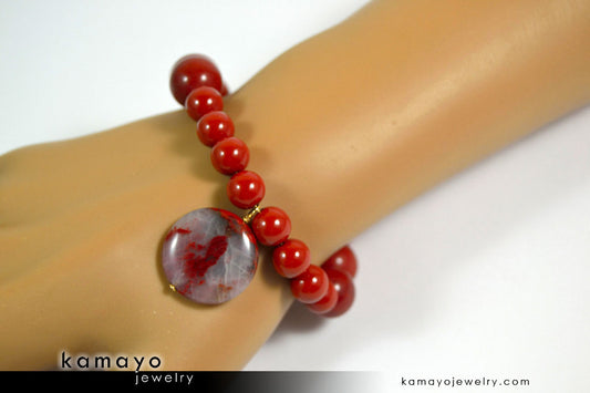 RED JASPER BRACELET - Coin Pendant and Round Beads