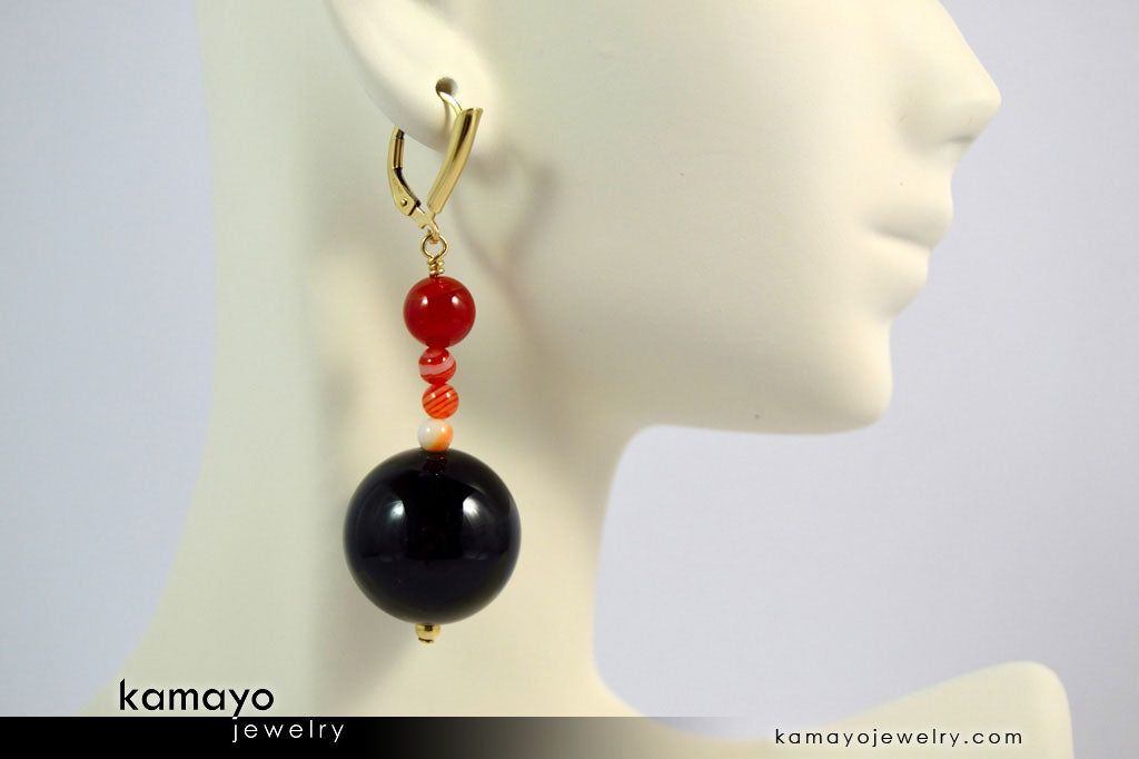 LEO EARRINGS - Large Black Onyx Ball and Small Sardonyx Beads