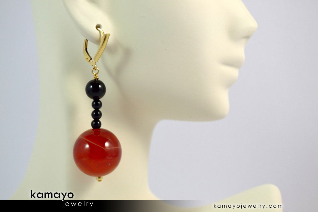 LEO EARRINGS - Large Sardonyx Ball and Small Black Onyx Beads