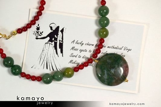 VIRGO NECKLACE - Moss Agate Pendant and Sard Beads