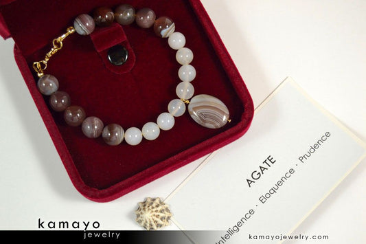 BOTSWANA AGATE BRACELET - Grey Botswana Agate Pendant and Round Beads