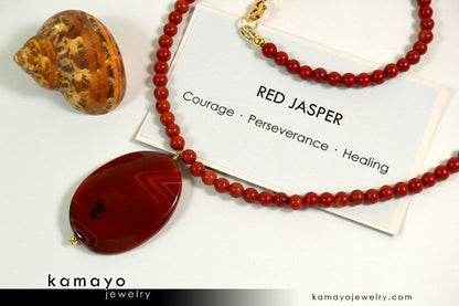 RED JASPER NECKLACE - Large Oval Red Jasper Pendant and Round Beads