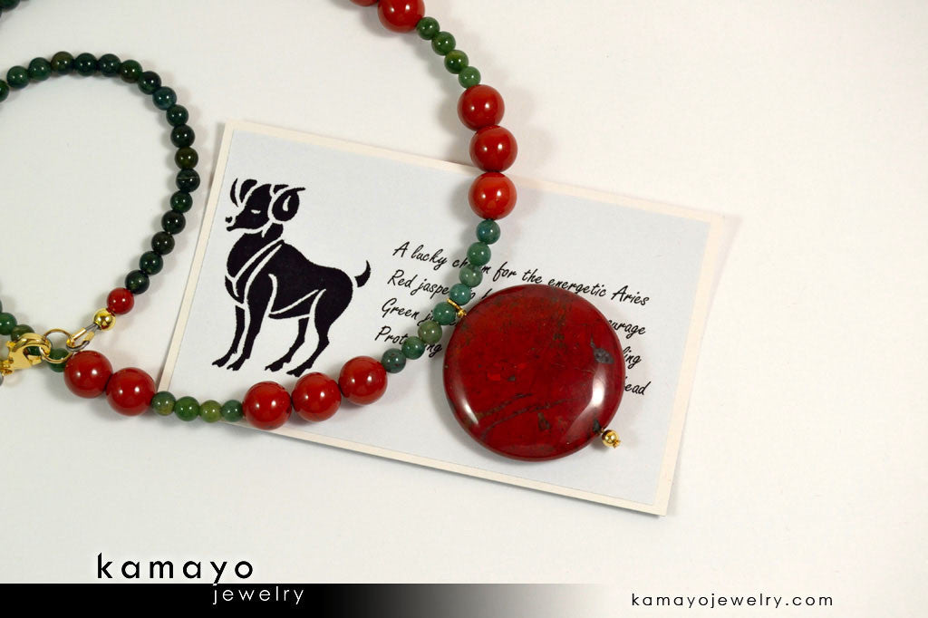 ARIES NECKLACE - Coin Red Jasper Pendant and Green Jasper Beads