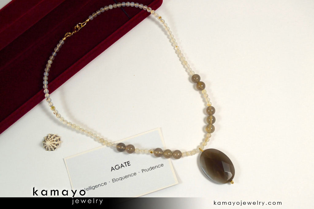 BOTSWANA AGATE NECKLACE - Grey Botswana Agate Pendant and Round Beads