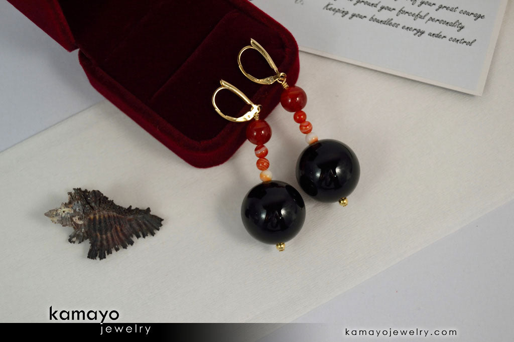 LEO EARRINGS - Large Black Onyx Ball and Small Sardonyx Beads