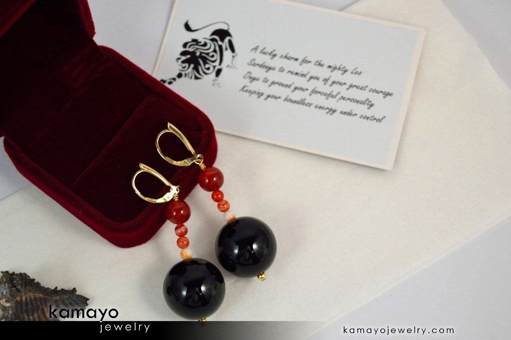 LEO EARRINGS - Large Black Onyx Ball and Small Sardonyx Beads