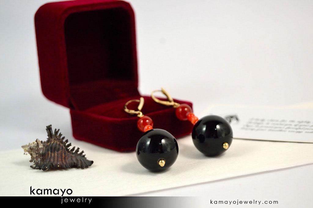 LEO EARRINGS - Large Black Onyx Ball and Small Sardonyx Beads