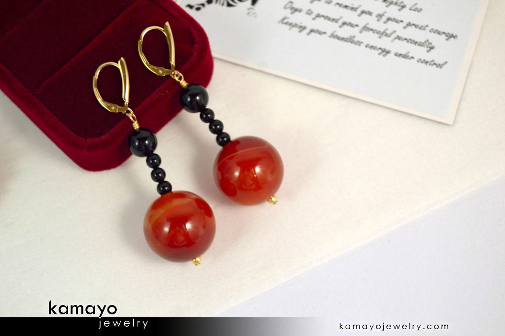 LEO EARRINGS - Large Sardonyx Ball and Small Black Onyx Beads