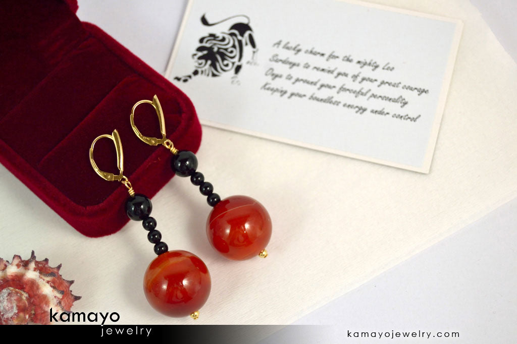 LEO EARRINGS - Large Sardonyx Ball and Small Black Onyx Beads