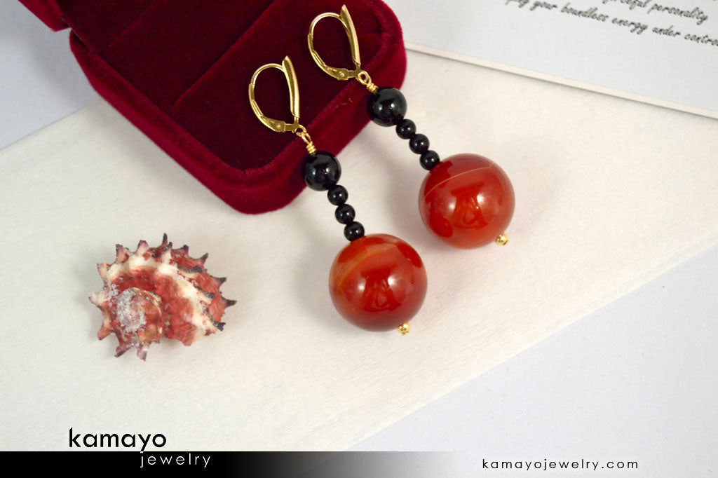 LEO EARRINGS - Large Sardonyx Ball and Small Black Onyx Beads