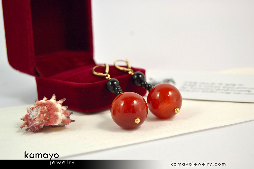 LEO EARRINGS - Large Sardonyx Ball and Small Black Onyx Beads