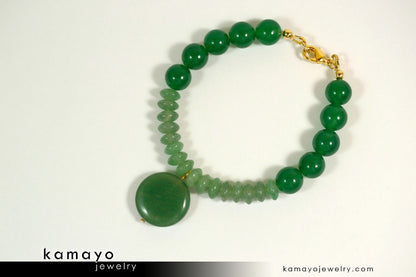 GREEN AVENTURINE BRACELET - Coin Pendant and Dark Green Beads