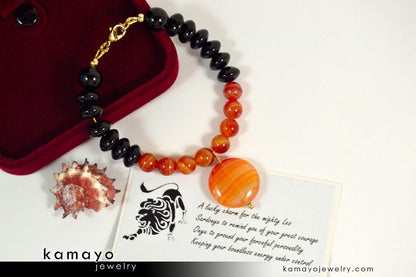 LEO BRACELET - Coin Sardonyx Pendant and Black Onyx Beads