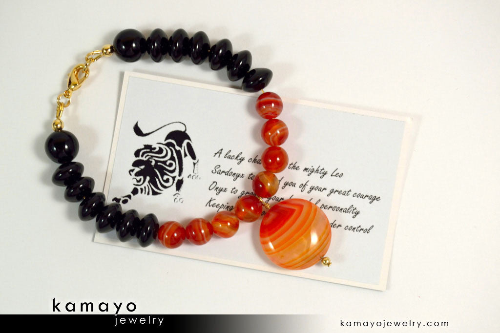 LEO BRACELET - Coin Sardonyx Pendant and Black Onyx Beads