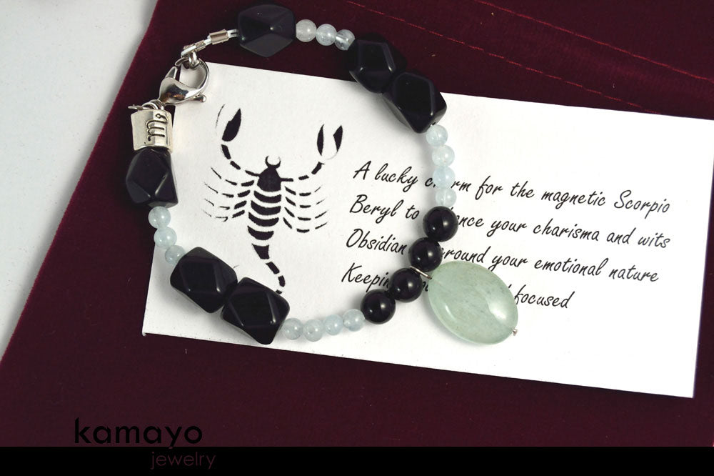 SCORPIO BRACELET - Milky Aquamarine Pendant and Black Obsidian Beads