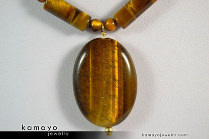 TIGERS EYE NECKLACE - Oval Golden Pendant and Yellow Beads