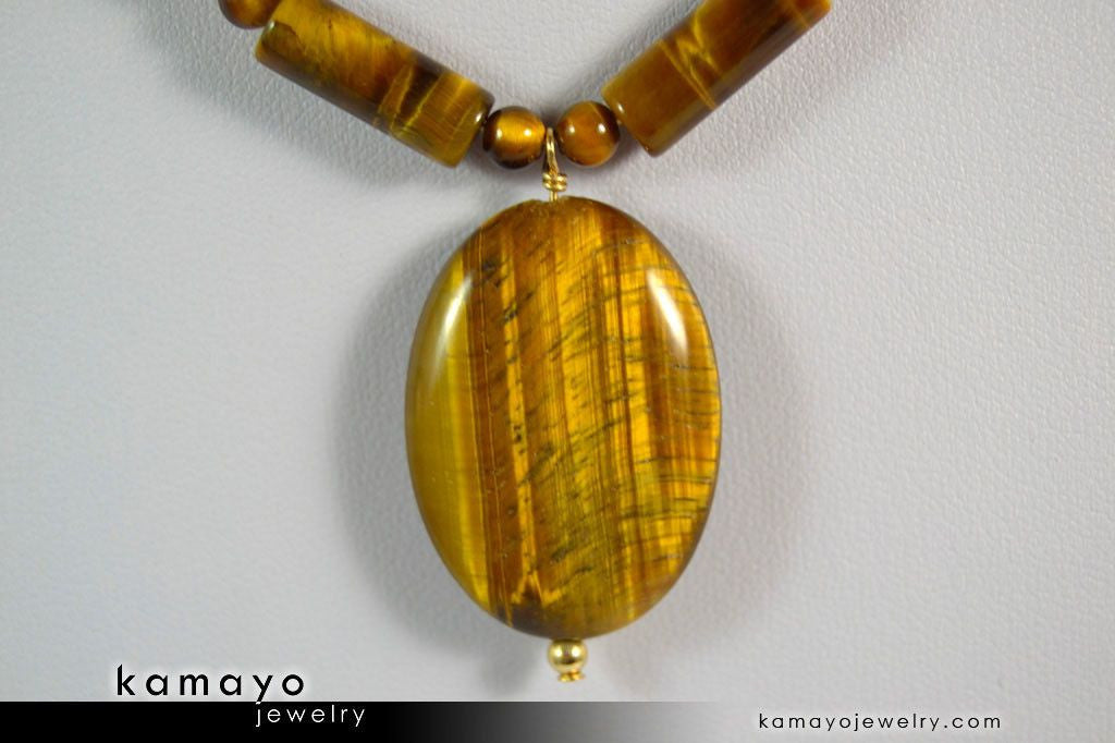 TIGERS EYE NECKLACE - Oval Golden Pendant and Yellow Beads