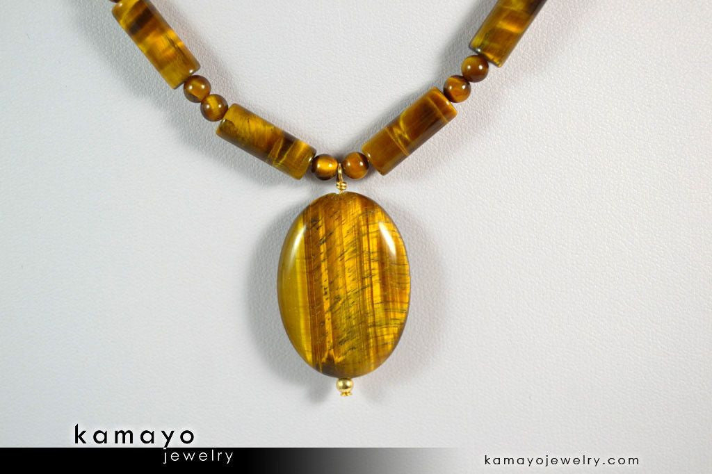 TIGERS EYE NECKLACE - Oval Golden Pendant and Yellow Beads