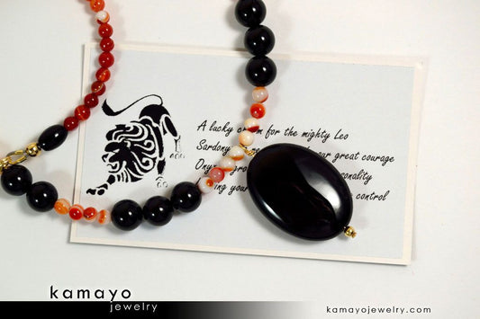 LEO NECKLACE - Black Onyx Pendant and Sardonyx Beads