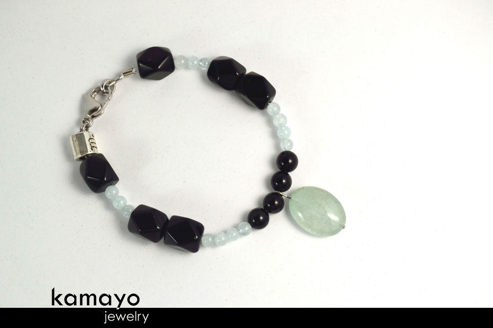 SCORPIO BRACELET - Milky Aquamarine Pendant and Black Obsidian Beads