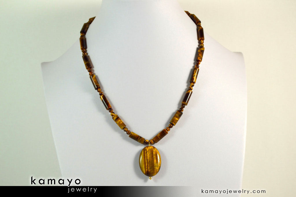 TIGERS EYE NECKLACE - Oval Golden Pendant and Yellow Beads