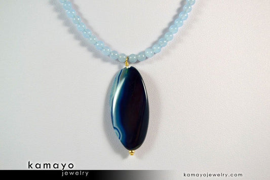 BLUE AGATE NECKLACE - Long Oval Blue Agate Pendant